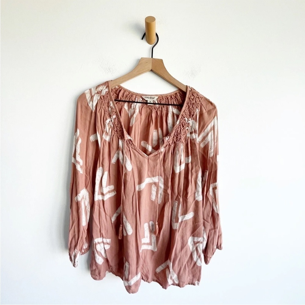 Lucky Brand Women's Top Aztec Boho Smocked Southwest Blouse Salmon Medium